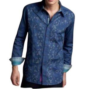 Robert Graham Geometric Embroidered Flip Cuff Dress Sport Shirt Navy 2XL